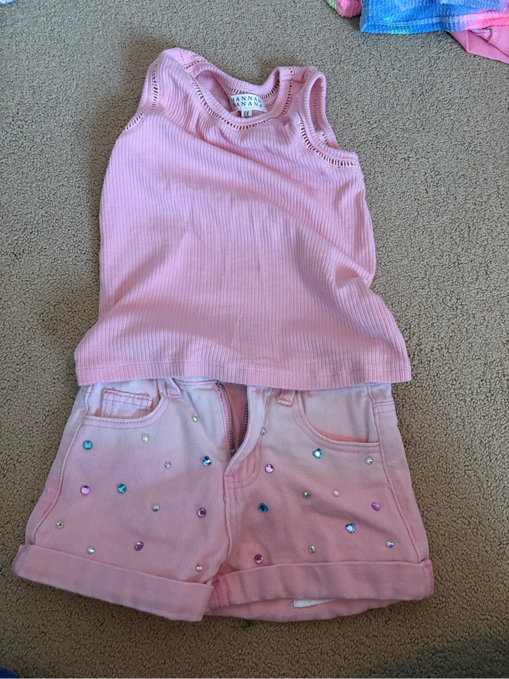 Hanna Banana Pink Ribbed Tank & Rhinestone Denim Shorts Set Girls 6X